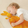 Image d'un bébé qui dort paisiblement avec son doudou dans les bras, offrant une ambiance chaleureuse et apaisante. La photo transmet un sentiment de tranquillité et de sécurité, créant une atmosphère idéale pour un sommeil confortable.