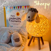 Veilleuse mouton tissée à la main, nommée SHEEPY, posée sur un chevet dans une chambre d'enfant, émettant une lumière tamisée et douce grâce à son variateur d'intensité.